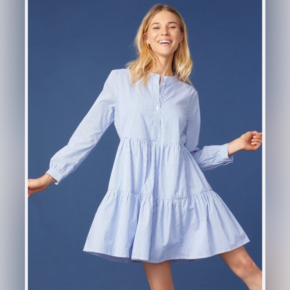 J Crew Striped Stretch Cotton Poplin Tiered Dress - Picture 1 of 14